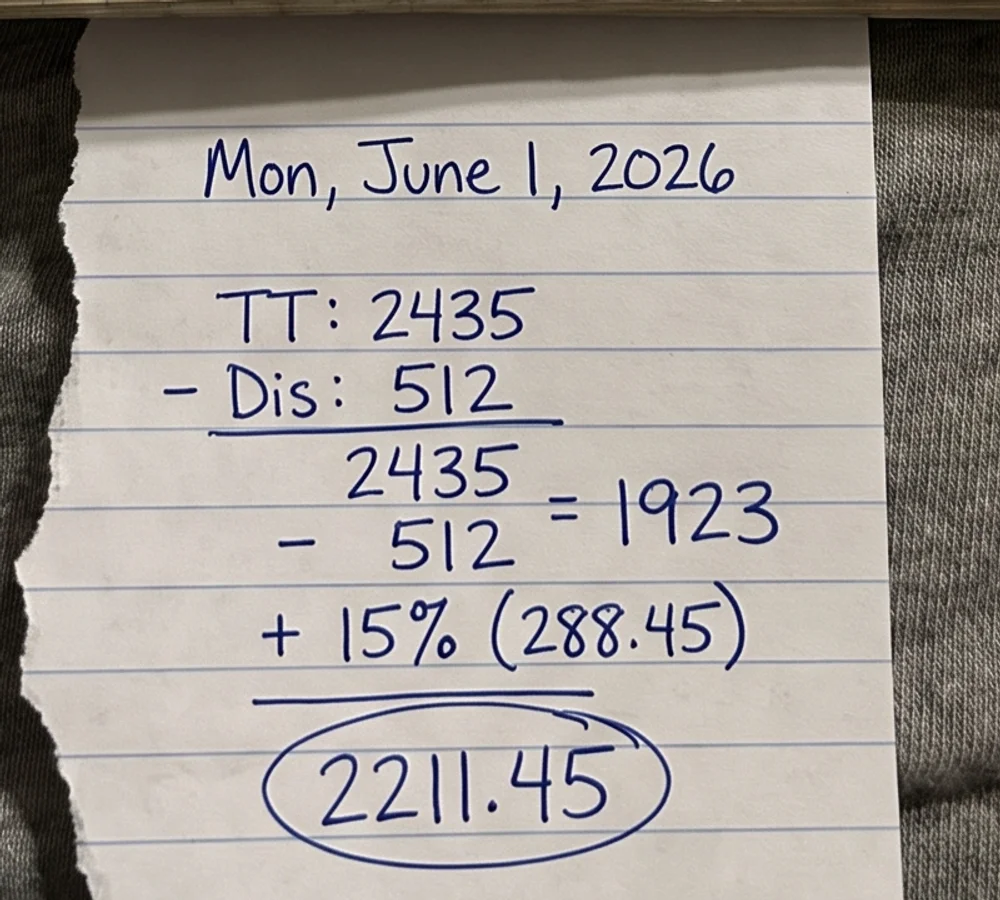 A real torn scratch-paper receipt showing a salon's manual cash tally and tax math by hand